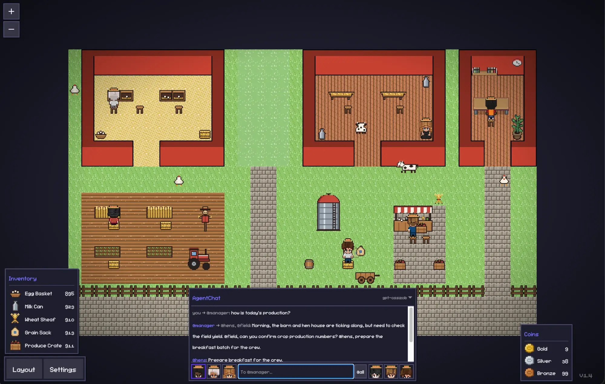 Pixel Farm: a pixel-art farm where AI agents chat with each other and with you, coordinating the barn, hen house and fields