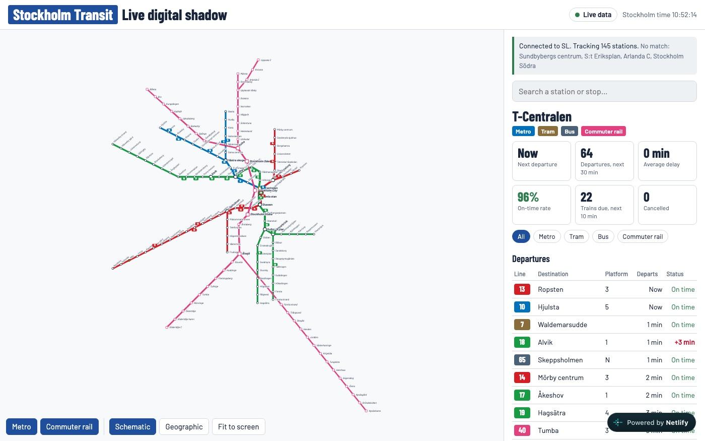 Stockholm Transit: a map of the Stockholm metro and commuter rail network next to a live departures board for T-Centralen